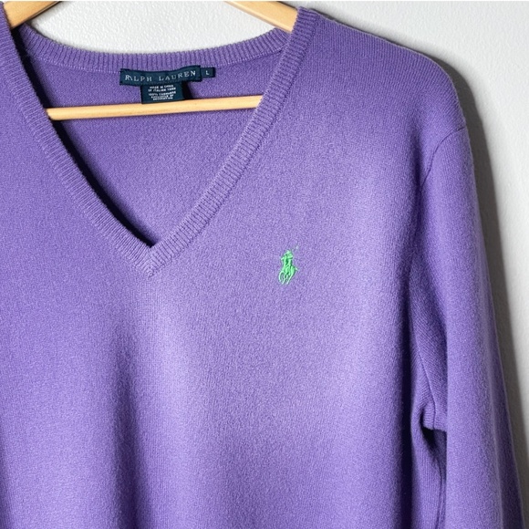 Ralph Lauren Cashmere Sweater V- Neck Purple Banded Bottom Size Large - Picture 3 of 14